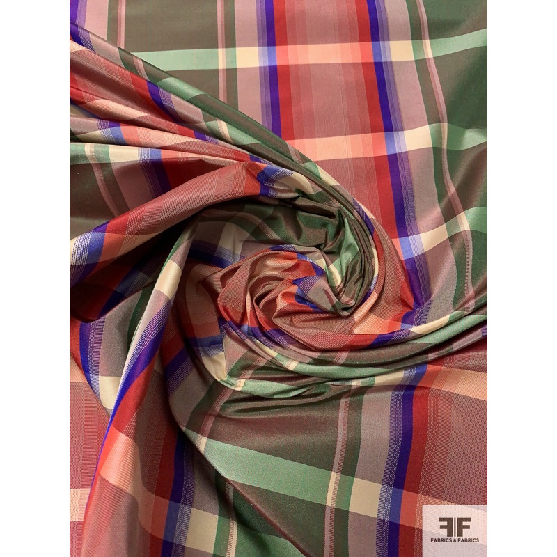 Plaid Silk Taffeta – Deep Coral / Green / Purple / Light Pink Fabric by the Yard