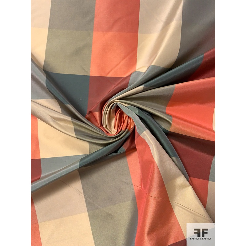 Plaid Yarn-Dyed Silk Taffeta – Antique Red / Coral / Smokey Green / Beige Fabric by the Yard