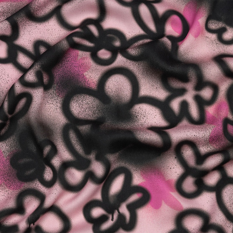 Rayon Challis – Pink and Black Spraypaint Floral – Street Sketch Print – Mood Exclusive Metro Collection
