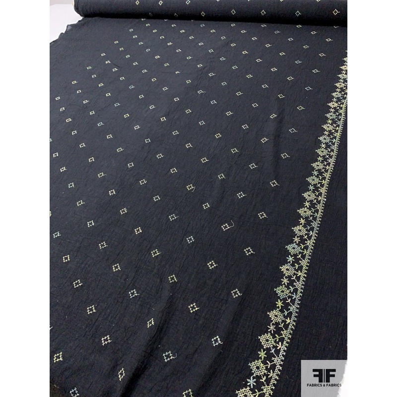 Single Border Pattern Embroidered Cotton Gauze – Black / Lime / Green / Beige Fabric by the Yard