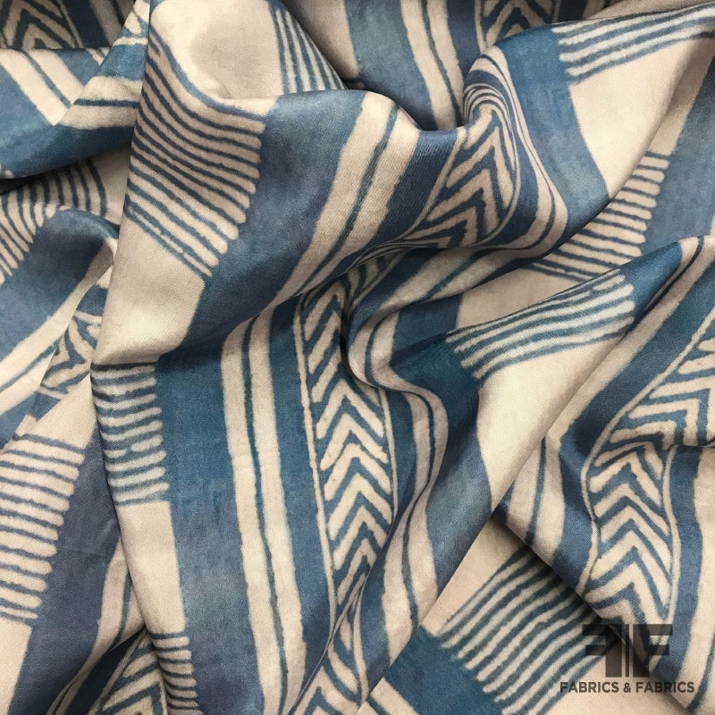 Striped Linear Design Printed Heavy Silk Habotai – Blue/Pale Mauve Fabric by the Yard