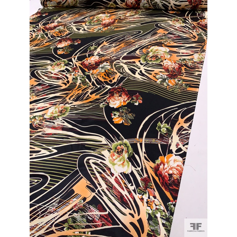 Swirls and Floral Printed Silk Charmeuse – Pear Green / Orange / Cream / Black Fabric by the Yard