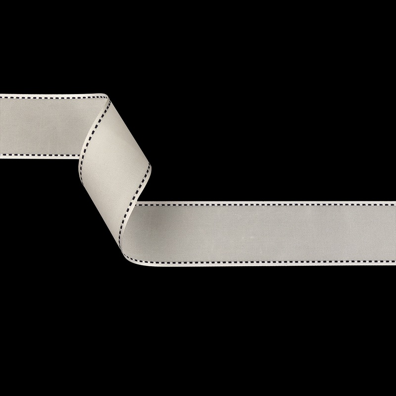 White Woven Ribbon with Black and White Stitched Border – 1.375″