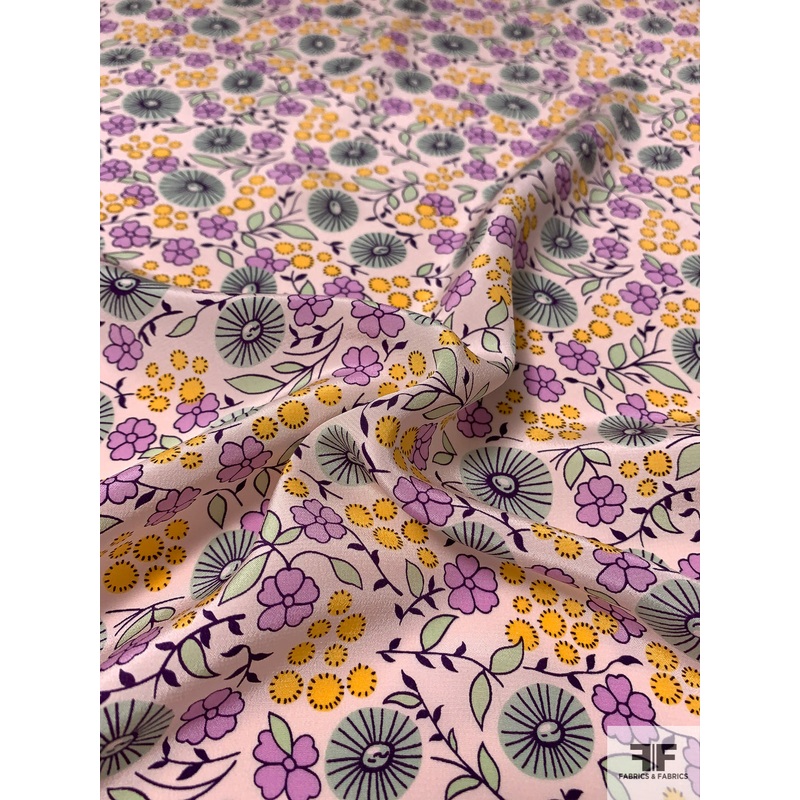 Youthful Floral Graphic Printed Silk Crepe de Chine – Ballet Slipper Pink / Purple / Orchid / Mint Fabric by the Yard