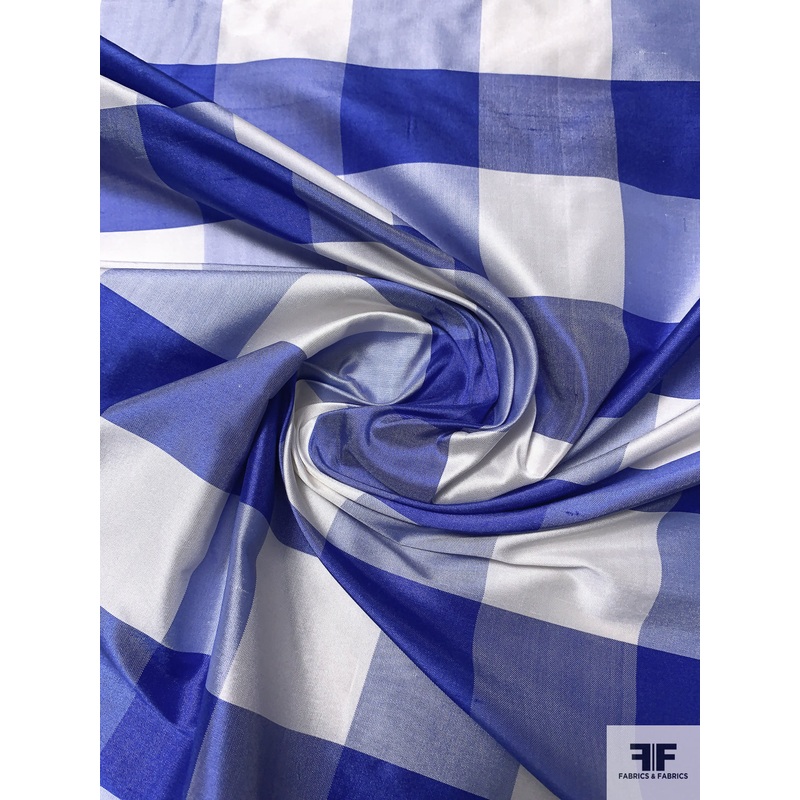 Buffalo Plaid Yarn-Dyed Silk Taffeta – Royal Blue / Off-White Fabric by the Yard