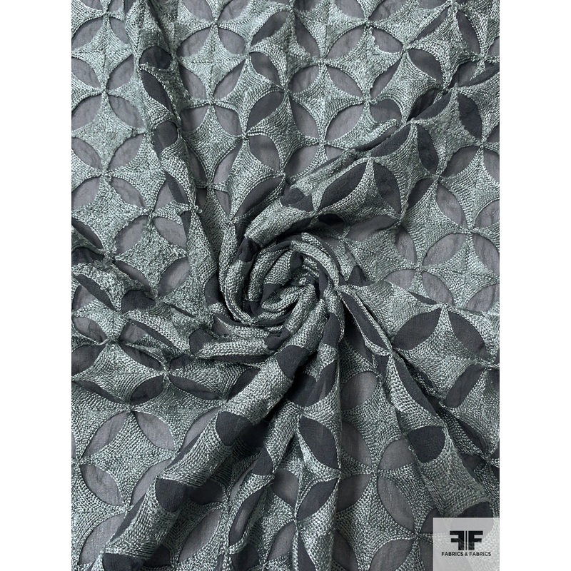Circular Geometric Heavily Embroidered Silk Chiffon – Slate Grey / Grey Fabric by the Yard