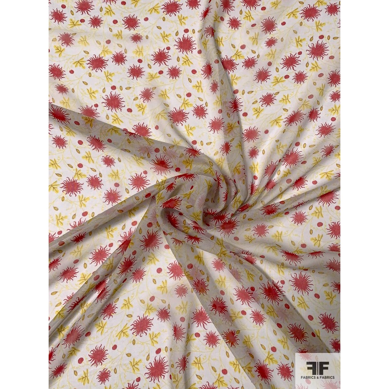 Flaming Sun and Leaf Printed Silk Chiffon – Red / Yellow / Grey Fabric by the Yard