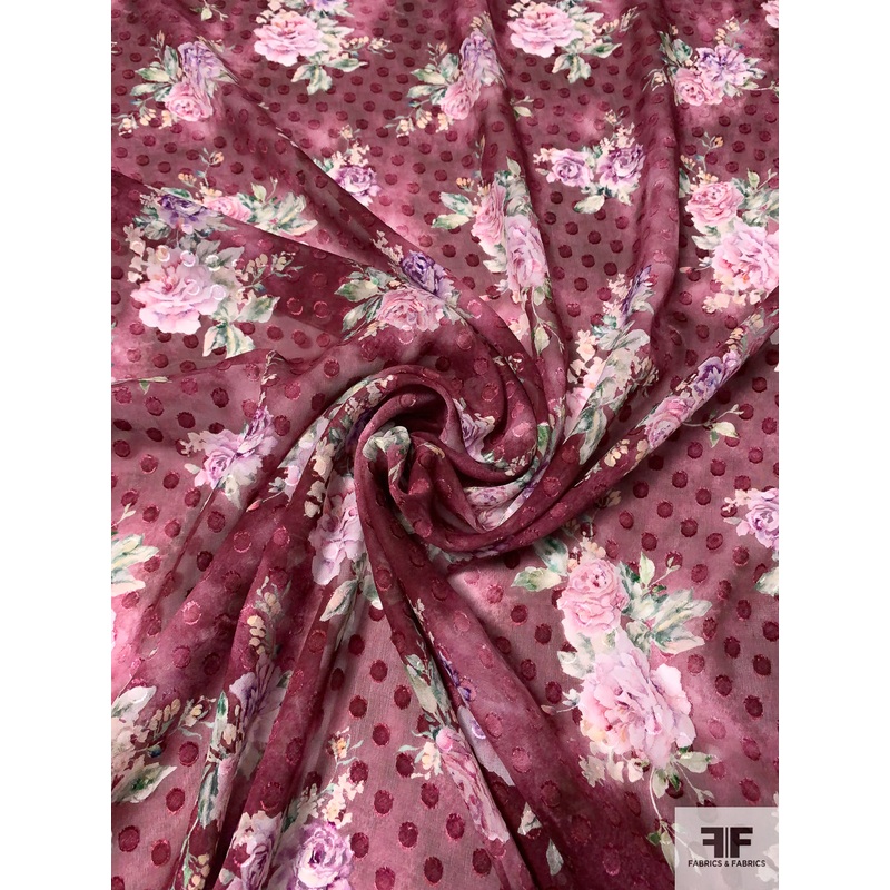 Floral Bouquet Printed Polka Dot Clip Silk Chiffon – Dusty Cherry / Green / Pinks Fabric by the Yard
