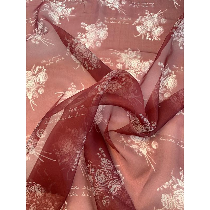 Floral Bouquets and Love Notes in French Printed Silk Organza – Maroon / Off-White Fabric by the Yard