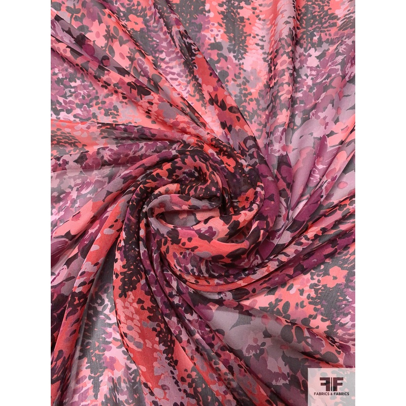Floral in the Woods Printed Iridescent Silk Chiffon – Hot Coral / Boysenberry / Black / Lilac Fabric by the Yard