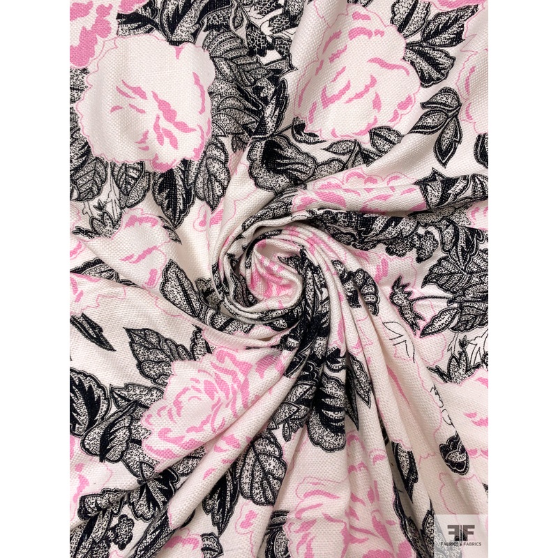 Floral Printed Linen-Weave Cotton – Pink / Black / Off-White Fabric by the Yard
