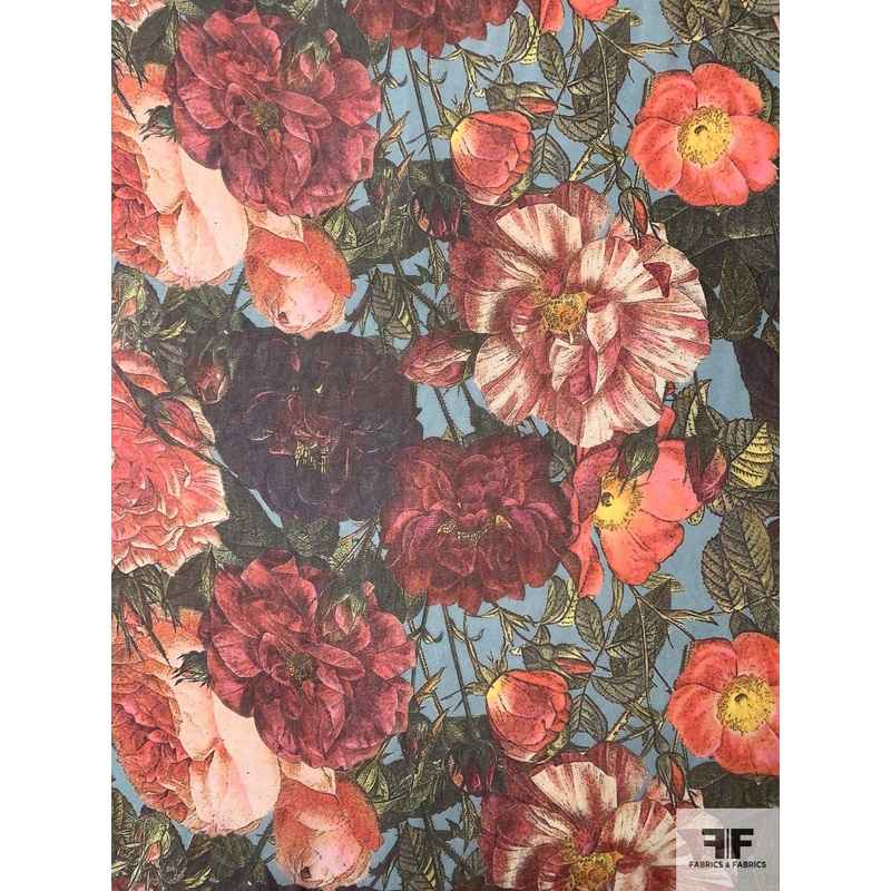 Floral Realism Printed Silk Chiffon – Shades of Red / Coral / Green / Dusty Teal Fabric by the Yard