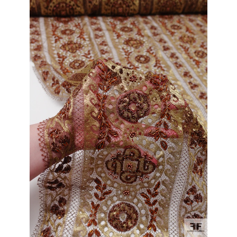 French Regal Metallic Lace with Beads and Pearls – Antique Gold / Light Brown / Amber Fabric by the Yard