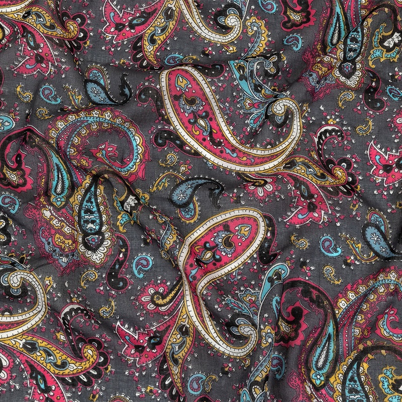 Gauzy Cotton Voile – Charcoal, Hot Pink and Gold Paisley – Deadstock