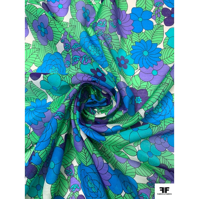 Groovy Floral Printed Silk-Cotton Voile – Green / Turquoise / Purple Fabric by the Yard