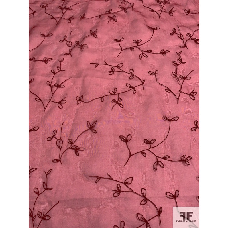 Leaf Stems Embroidered Silk Organza – Deep Red Fabric by the Yard