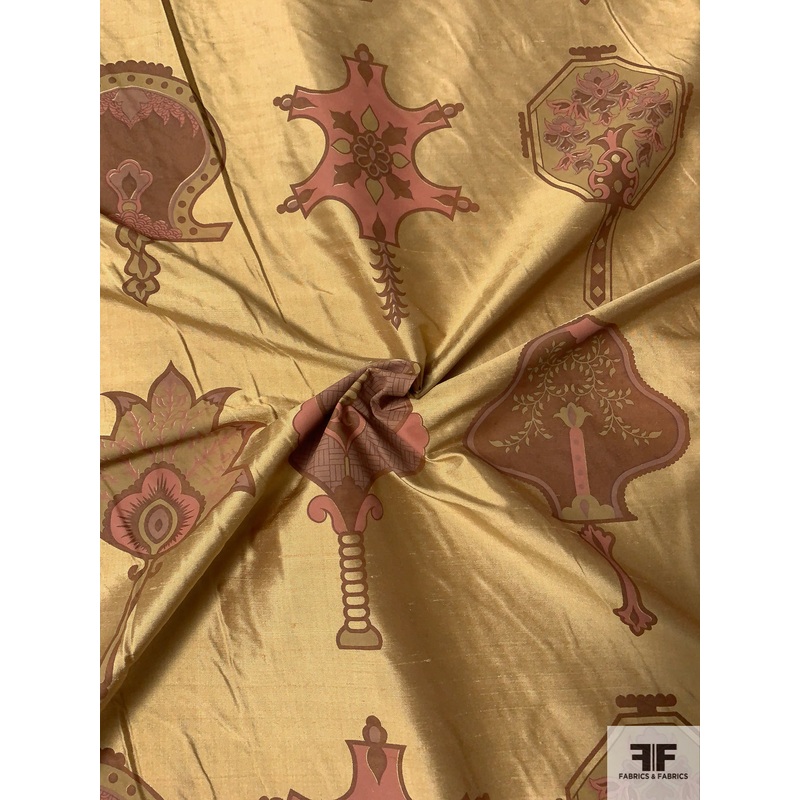 Medieval Ecclesiastical Inspired Printed Silk Shantung Taffeta – Muted Antique Gold / Browns / Dusty Rose Fabric by the Yard