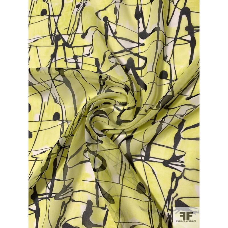 Painterly Splatter Printed Silk Chiffon – Yellow / Black / White Fabric by the Yard