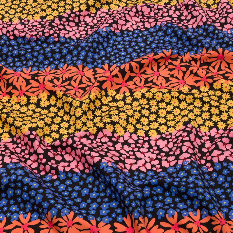 Recycled Polyester Swim Trunk Fabric – Pink, Orange and Blue Floral Stripes – Waves of Myrtle Print – Mood Exclusive Malibu Collection