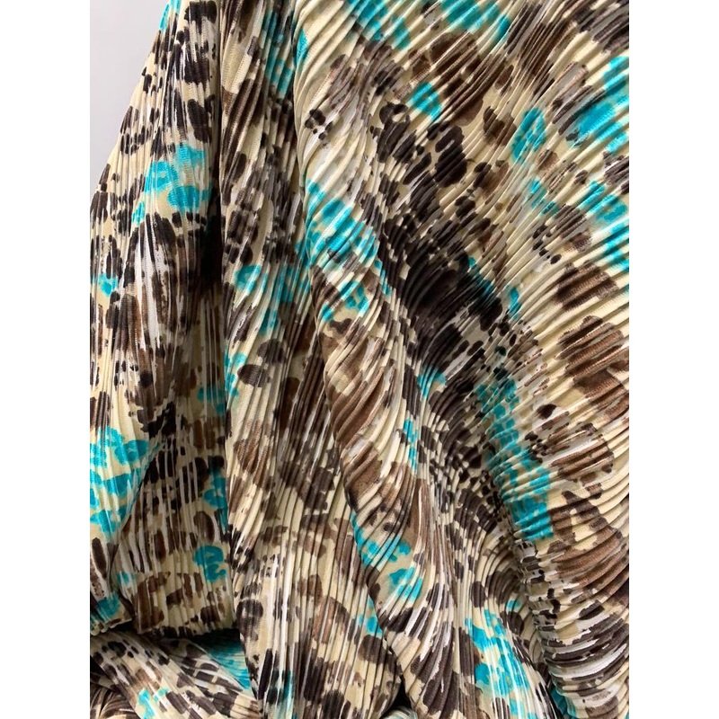 Splatter Animal Print Pleated Polyester Knit – Tan / Brown / Turqouise Fabric by the Yard