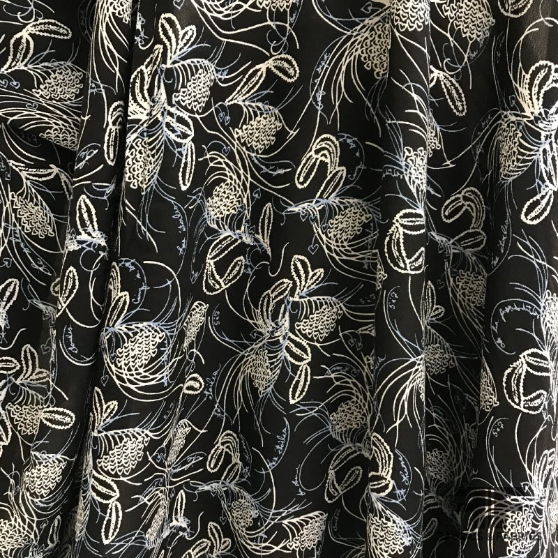 Abstract Floral Printed Rayon Twill – Black / Off-White / Blue Fabric by the Yard