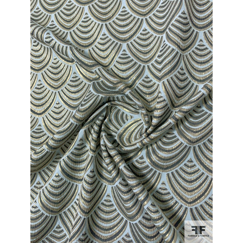 Art Deco Scale Design Reversible Metallic Brocade – Soft Blue / Denim Blue / Antique Gold / Light Gold Fabric by the Yard