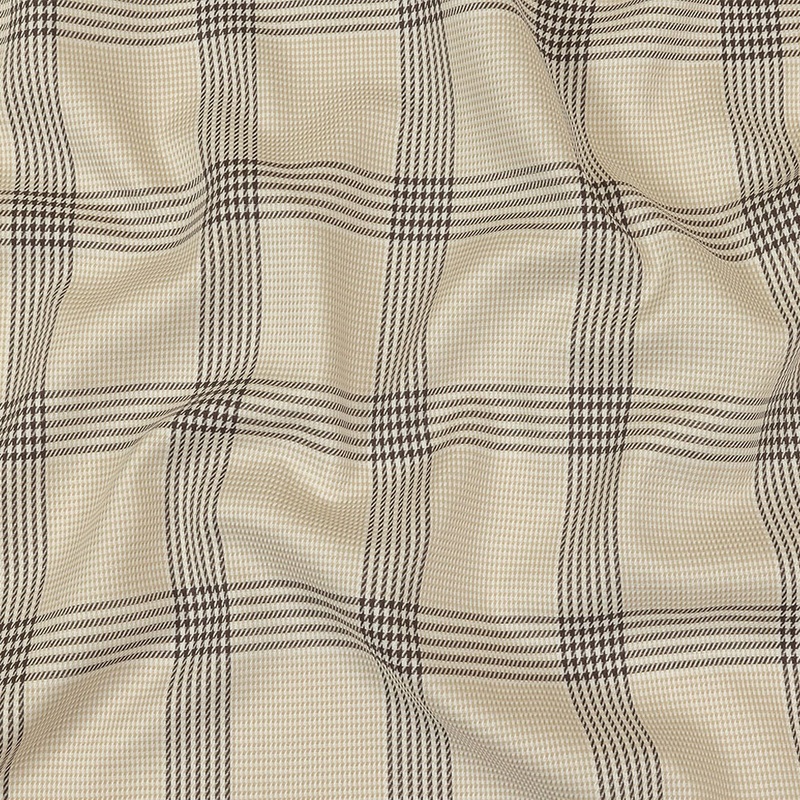 Beige, Brown and White Glen Plaid Twill Cotton Shirting
