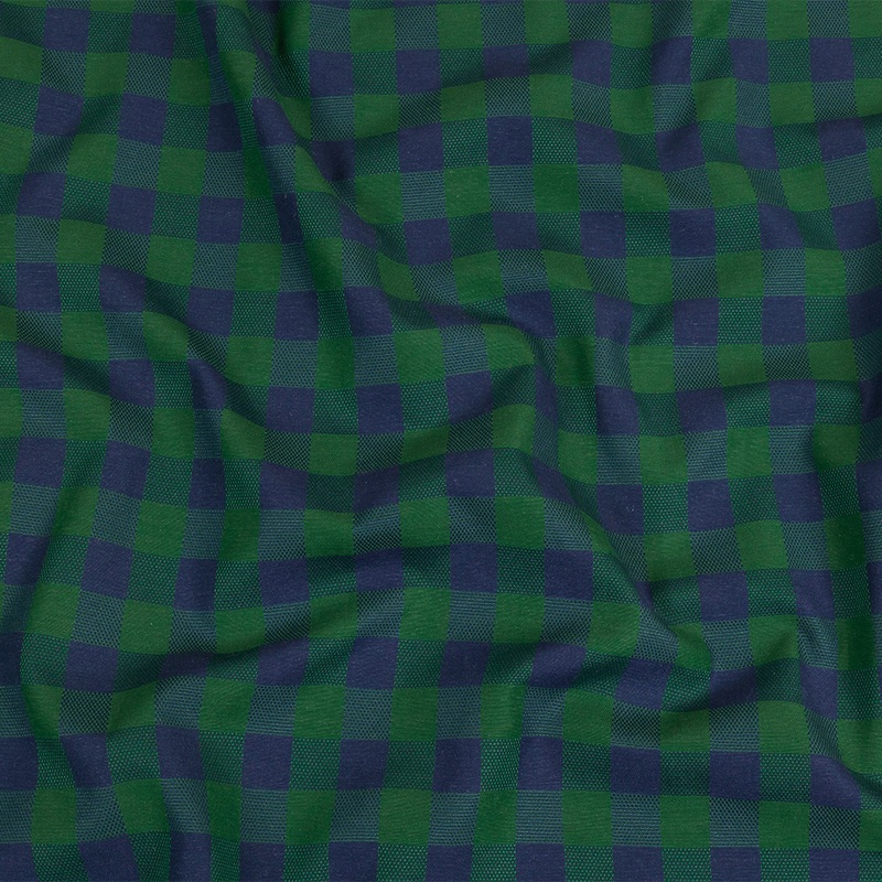Blue and Green Checkered Cotton and Polyester Dobby