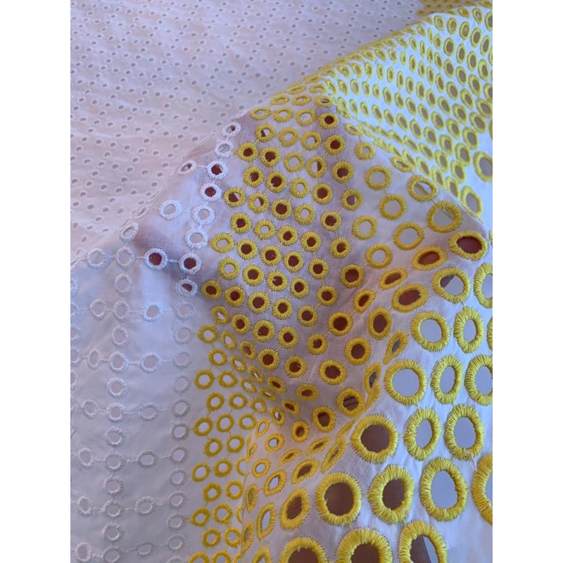 Border Pattern Embroidered Cotton Eyelet – White / Yellow Fabric by the Yard