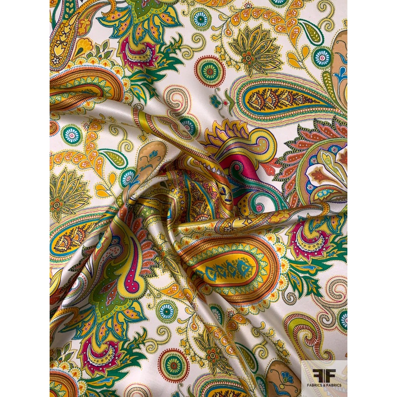 Colorful Paisley Printed Silk Charmeuse – Yellows / Multicolor Fabric by the Yard