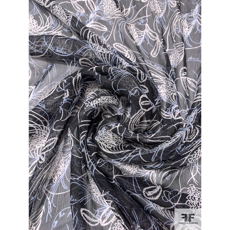 Delicate Hearts in Floral with French Script Printed Crinkled Silk Chiffon – Black / Off-White / Sky Blue Fabric by the Yard