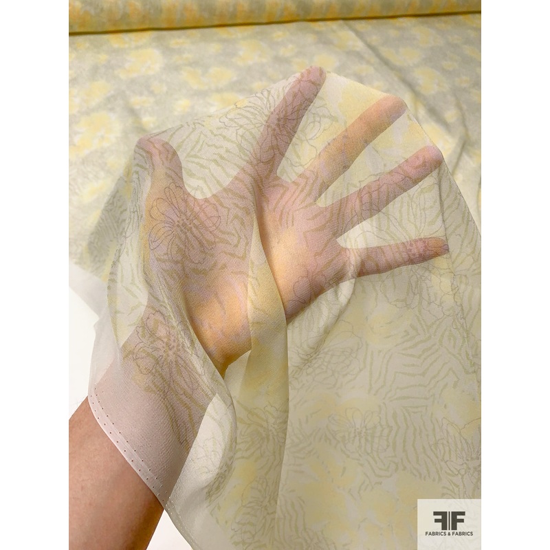 Floral on Floral Sketch Printed Silk Chiffon – Lime Green / Summer Yellow / Grey Fabric by the Yard