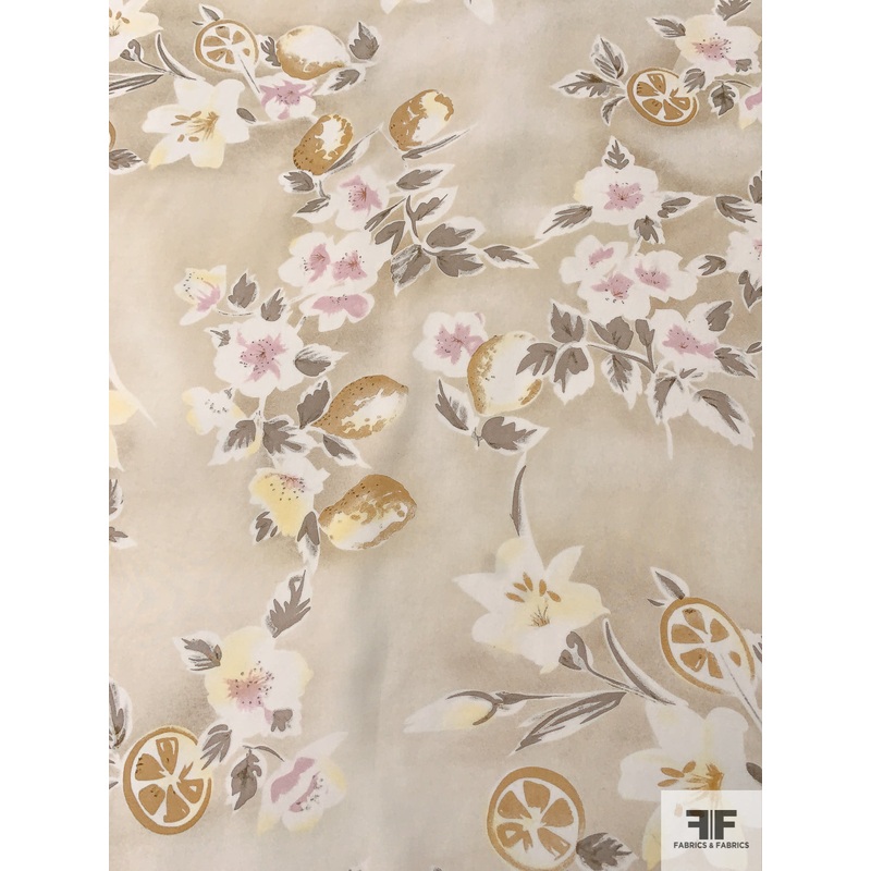 Fruits and Floral Distressed-Look Printed Silk Crepe de Chine – Light Beige / Stone Grey / Tan / Orchid Fabric by the Yard