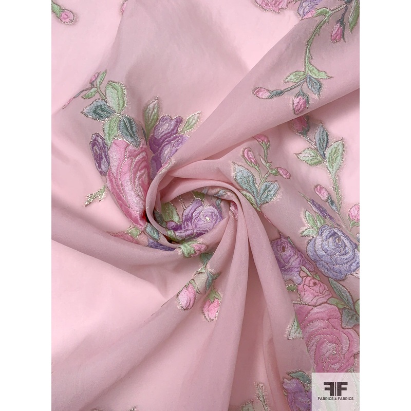 Italian Floral Bouquets Fil Coup Poly-Blend Organza – Baby Pink / Lavender / Greens Fabric by the Yard