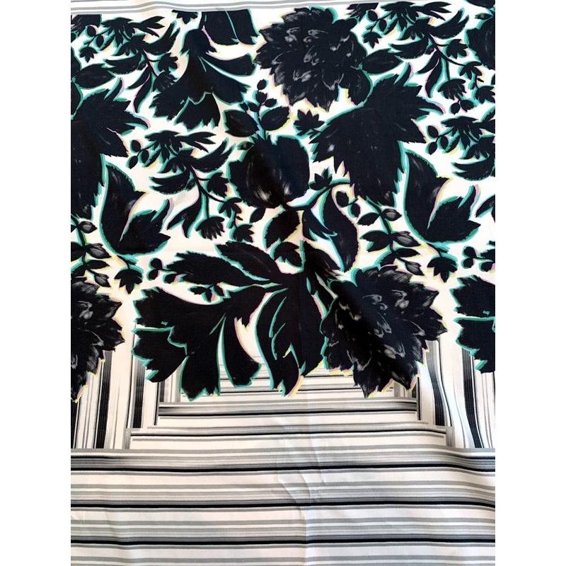 Italian Floral Frame Printed Stretch Twill Cotton Sateen Panel – Black / White / Green / Grey Fabric by the Panel