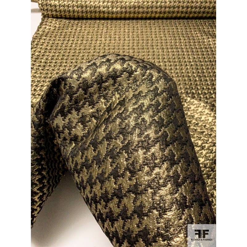 Italian Glam Houndstooth Silk and Wool Metallic Brocade – Black / Gold Fabric by the Yard