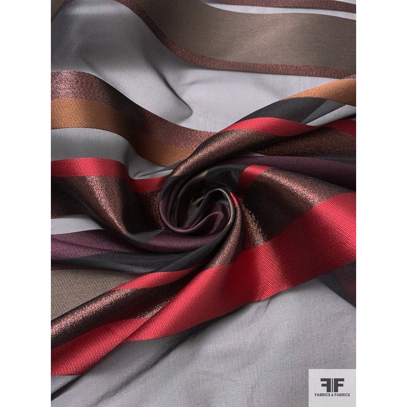 Italian Horizontal Metallic Striped Silk Organza – Red / Brown / Copper / Eggplant / Black Fabric by the Yard