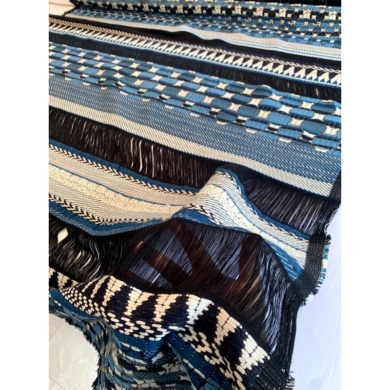 Italian Novelty Woven Suiting with Geometric Patterns – Blue / White / Black Fabric by the Panel