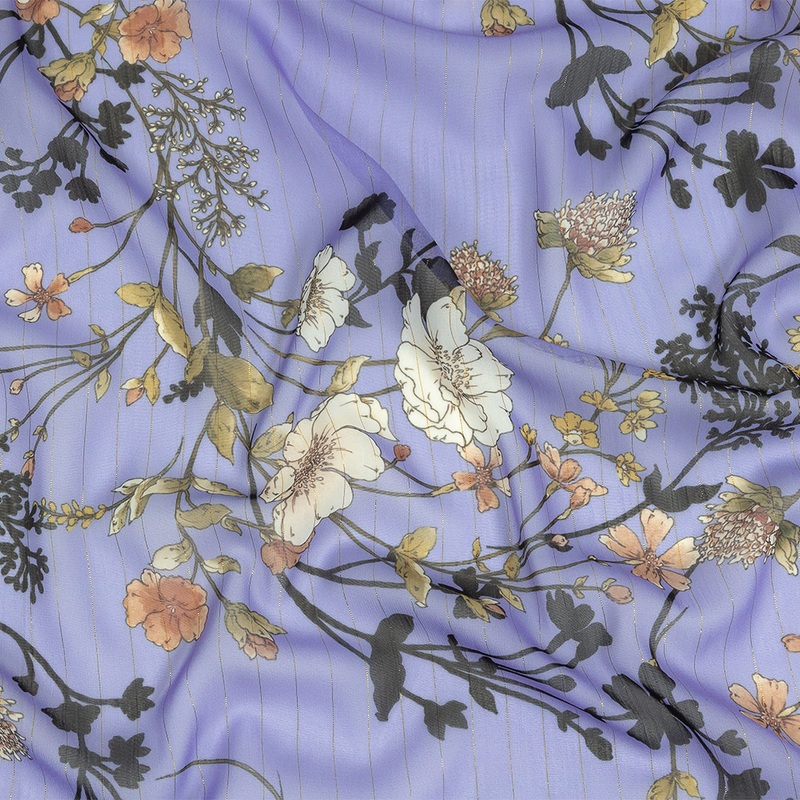Polyester Chiffon Print with Metallic Pinstripes – Lavender and White Floral – Mood Exclusive Ornamental Orchestra