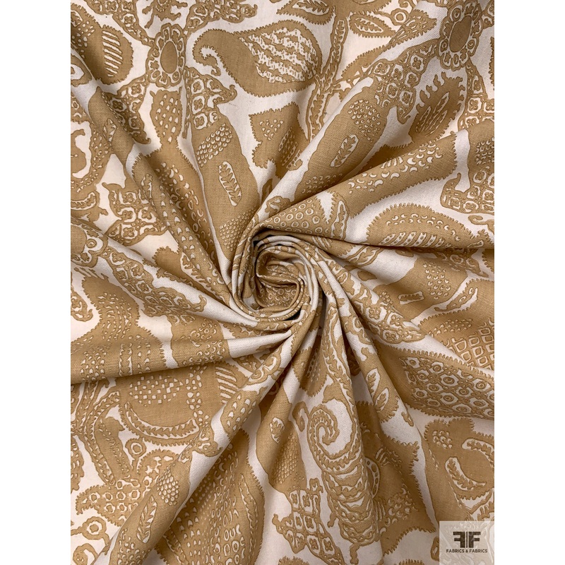 Regal Motif Printed Linen-Weave Cotton – Tan / Off-White Fabric by the Yard