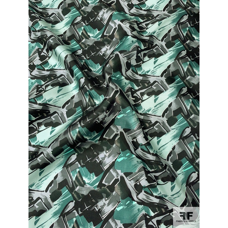 Abstract Graphic Printed Vintage Fine Silk Twill – Dusty Green / Seafoam / Black Fabric by the Yard