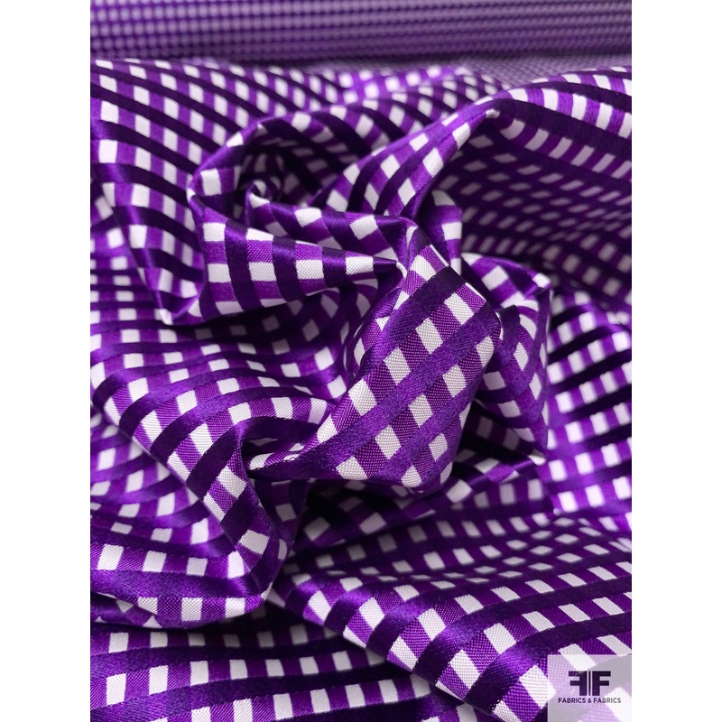 Carolina Herrera Yarn-Dyed Textured Plaid Silk Satin with Fused Backing – Purple / Off-White Fabric by the Yard