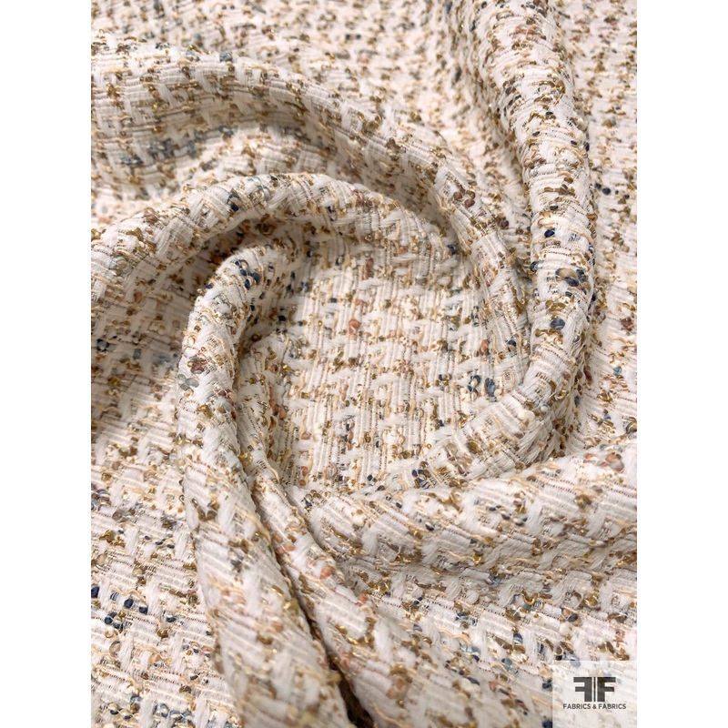Couture Tweed Suiting with Lurex – Off-White / Seafoam / Khaki Fabric by the Yard