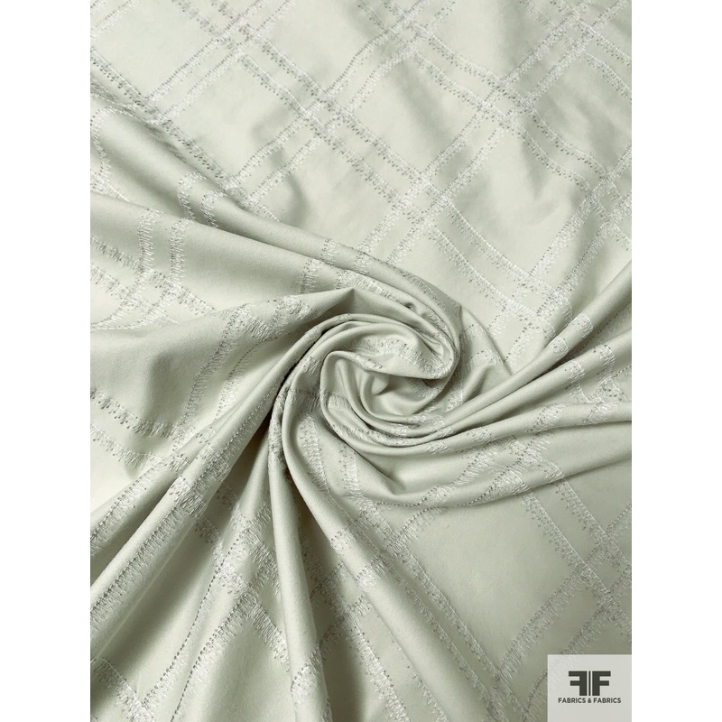 Crosshatch Embroidered Stretch Cotton Twill – Faintly Sage / Grey / White Fabric by the Yard