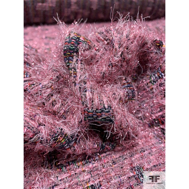Famous NYC Designer Metallic Novelty Jacket Weight Suiting with All-Over Fraying – Pink / Multicolor Fabric by the Yard