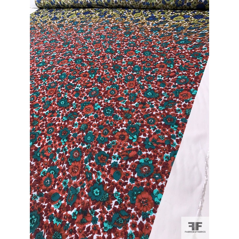 Floral Printed Crinkled Rayon Challis Panel – Lime / Blue / Brick Red / Teal Fabric by the Panel