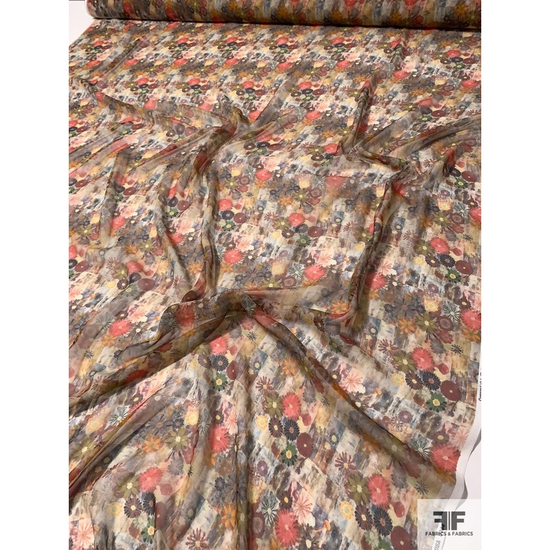 Hazy Tiles and Floral Collage Printed Silk Chiffon – Multicolor Earth Fabric by the Yard