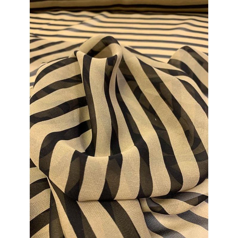 Horizontal Striped Printed Silk Chiffon – Black / Khaki Gold Fabric by the Yard