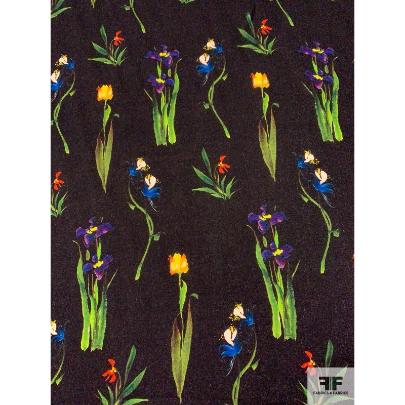Italian Tulips and Flowers Printed Wool Crepe – Green / Multicolor Fabric by the Yard