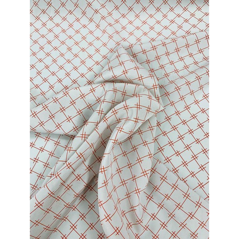 Lattice Crosshatch Printed Silk Crepe de Chine – Light Grey / Blood Orange Fabric by the Yard
